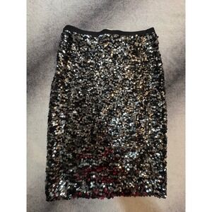 (B6) HM Black Silver Sequin Pencil Skirt Size S Elastic Waist Holiday Party Glam